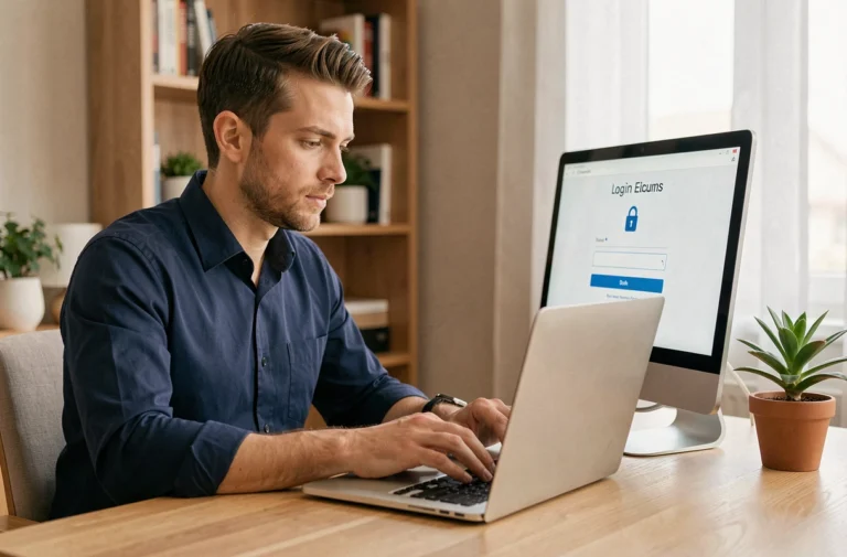 Homme connecté à un portail sécurisé Akeonet sur son ordinateur portable dans un bureau à domicile