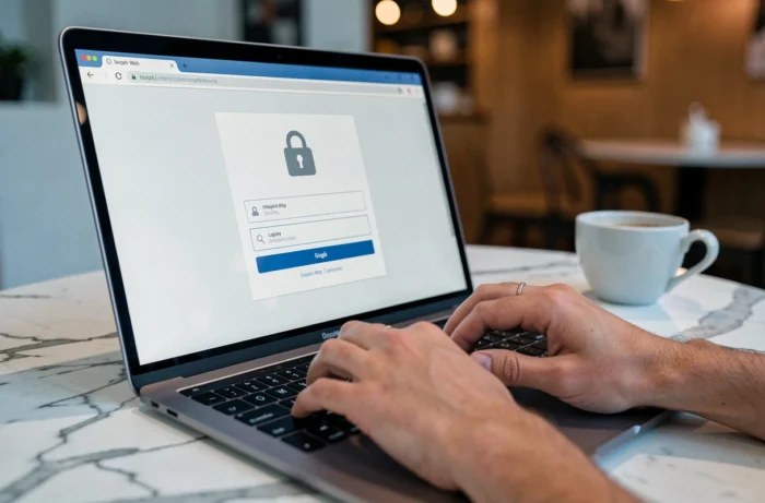 Mains tapant sur un ordinateur portable pour se connecter au portail Akeonet dans un café