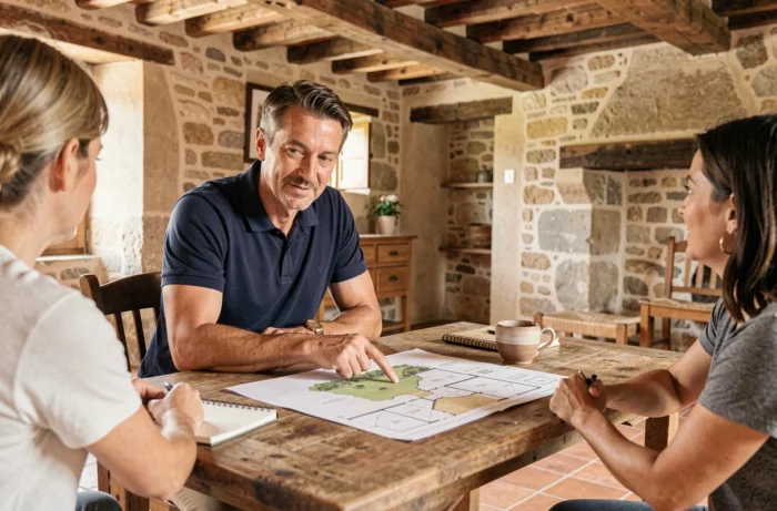 Agent immobilier présentant un plan et une carte foncière à des clients dans un intérieur de mas provençal