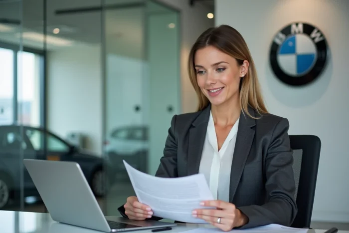 Conseillère commerciale BMW à son bureau étudiant des documents de grille salariale dans un bureau de concession