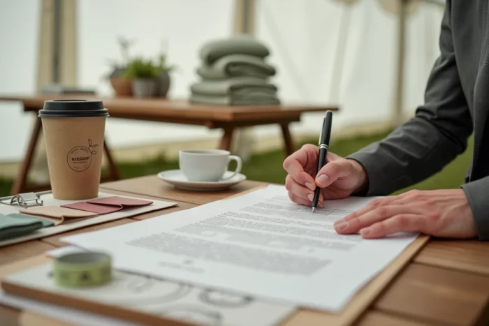 Signature d'un contrat de location de chapiteau mariage à Paris avec échantillons de tissus et plan d'aménagement sur la table