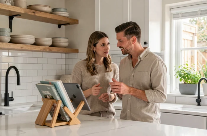 Couple discutant du choix d'un site de décoration intérieure devant une tablette dans une cuisine moderne