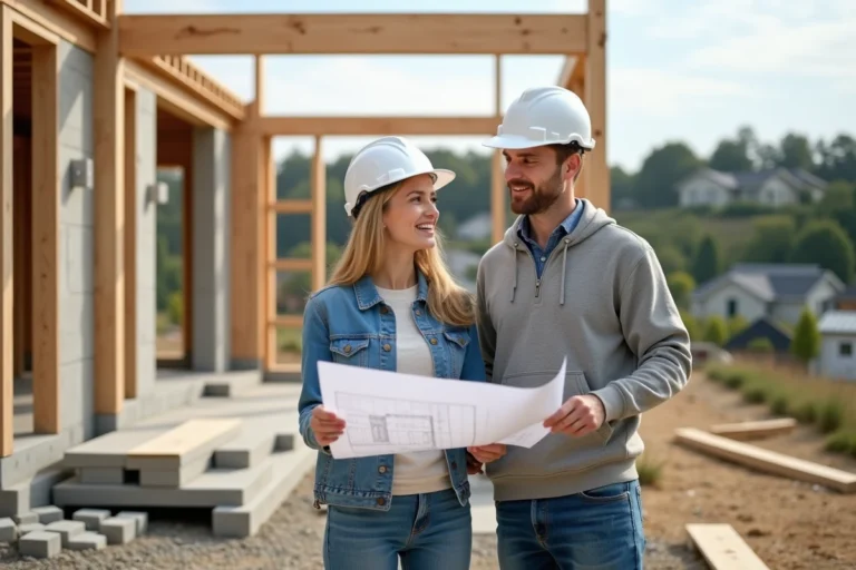 Couple examinant des plans architecturaux devant le charpente d'une maison en construction sur un chantier résidentiel
