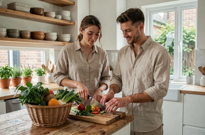 Couple préparant un repas sain et durable avec des légumes frais issus de l'agriculture locale