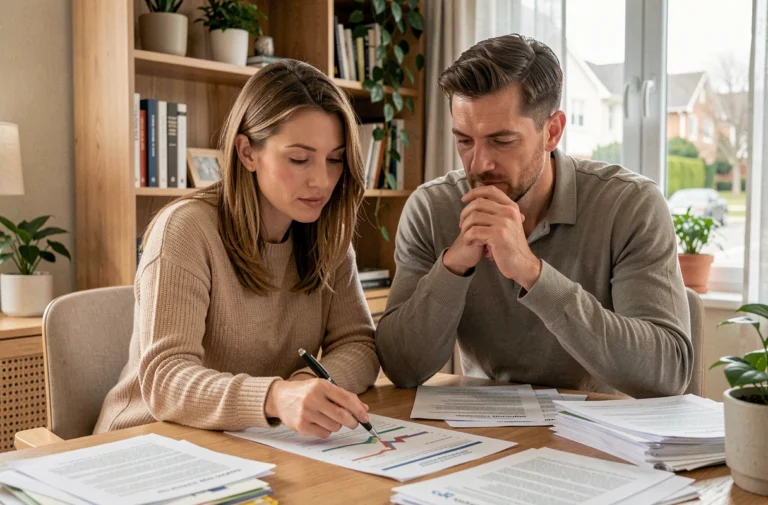 Couple examinant des documents de crédit immobilier dans un bureau à domicile moderne