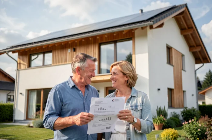 Couple suisse devant leur maison neuve à haute efficacité énergétique après obtention de subventions de construction