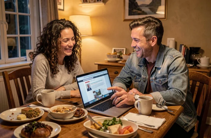 Couple de parents partageant un fou rire devant un blog parental sur leur ordinateur portable le soir à table — complicité et déculpabilisation parentale