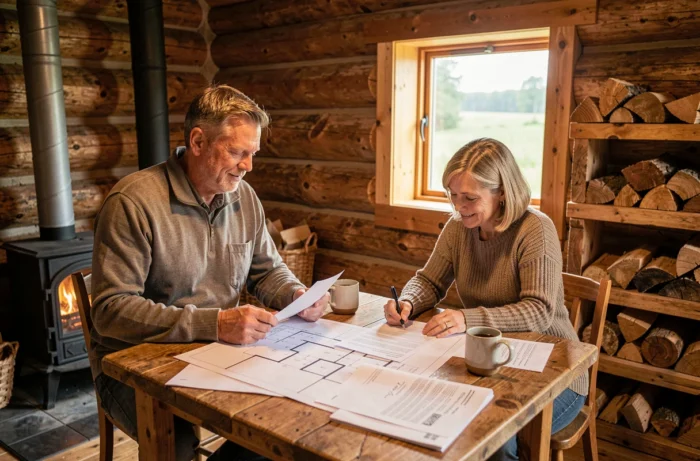 Couple étudiant des plans et documents fonciers dans l'intérieur rustique d'un chalet en bois, représentant les démarches légales pour vivre dans un chalet sur son terrain