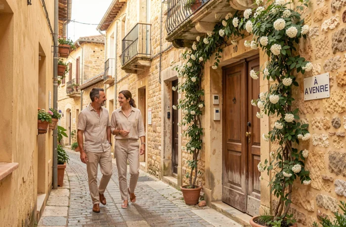 Couple regardant une annonce immobilière à vendre dans une ruelle de village provençal en pierre dorée