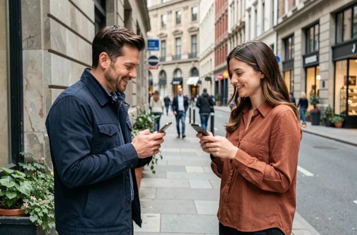 Homme et femme dans la rue consultant leurs téléphones, illustrant l'ambiguïté des messages 'coucou toi'