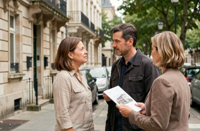 Un couple interroge un agent immobilier devant un immeuble pour s'assurer de la fiabilité d'une société de logement avant signature