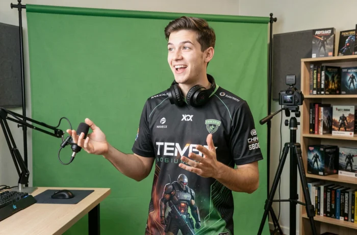 Créateur de contenu gaming français en studio avec green screen, headset et matériel de streaming professionnel