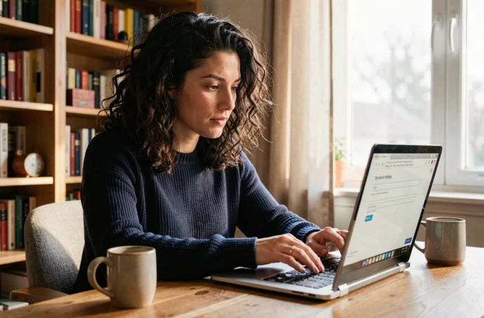 Femme concentrée qui crée une pétition en ligne sur son ordinateur portable dans un bureau à domicile