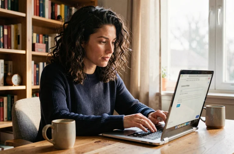 Femme concentrée qui crée une pétition en ligne sur son ordinateur portable dans un bureau à domicile