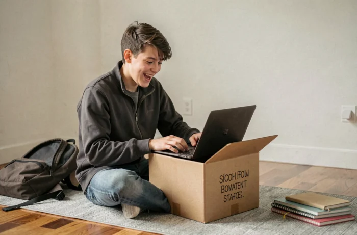 Adolescent déballant un ordinateur portable obtenu gratuitement via un programme de don, assis dans un appartement étudiant