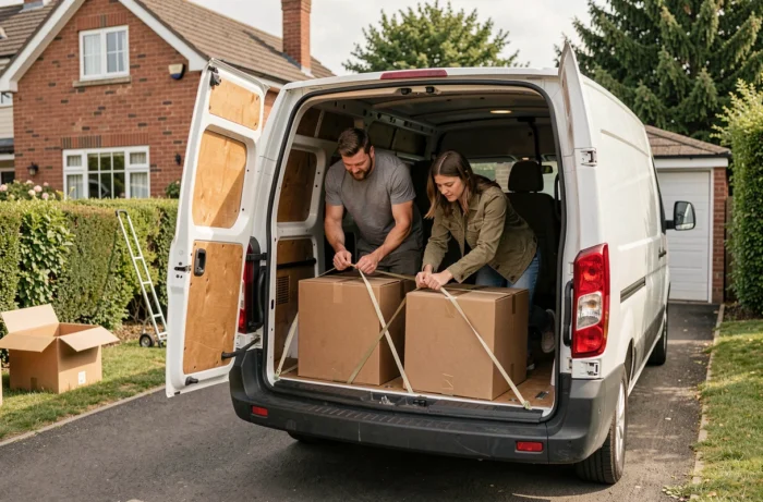 Couple déchargeant des cartons d'une camionnette empruntée gratuitement devant leur maison après des achats en magasin