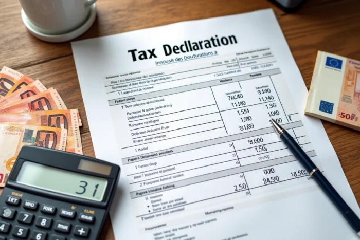 Vue aérienne d'une déclaration fiscale française avec billets en euros et calculatrice sur un bureau en bois