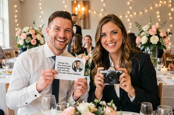 Invités de mariage tenant des cartes de missions photo et posant avec enthousiasme lors d'un défi photo personnalisé