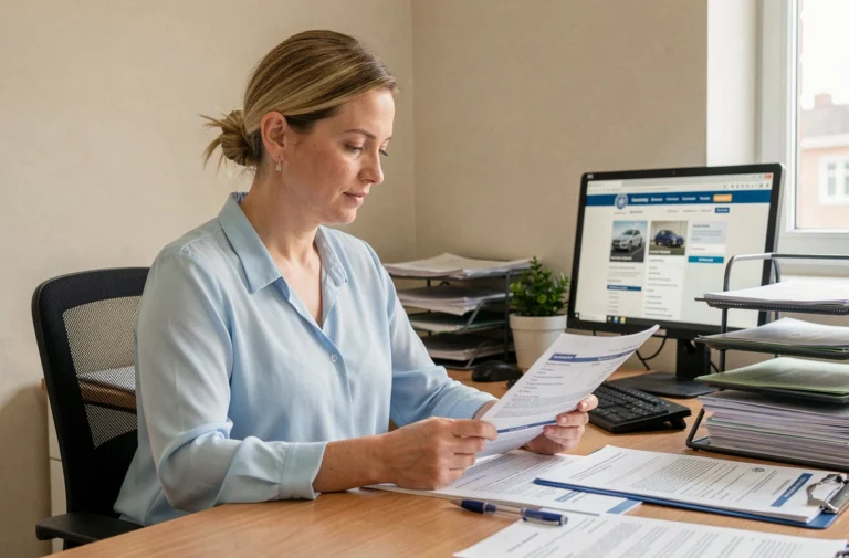 Femme consultant un document d'immatriculation automobile dans un bureau administratif