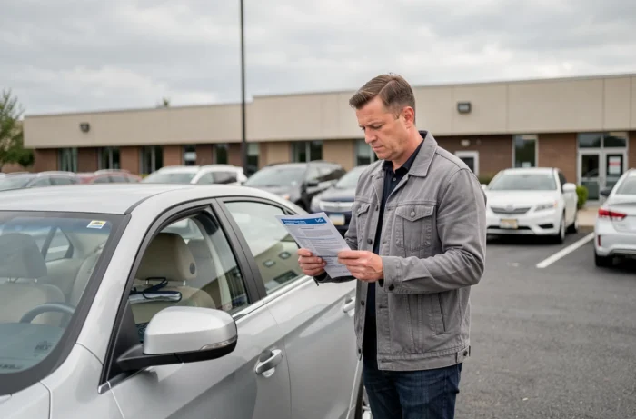Homme consultant un certificat d'assurance automobile dans un parking urbain
