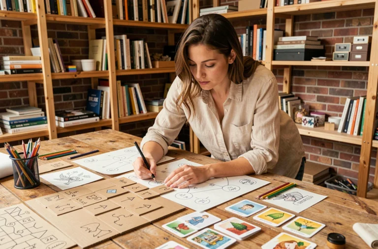 Designer française travaillant sur des prototypes de jeux de société dans un studio de conception créatif