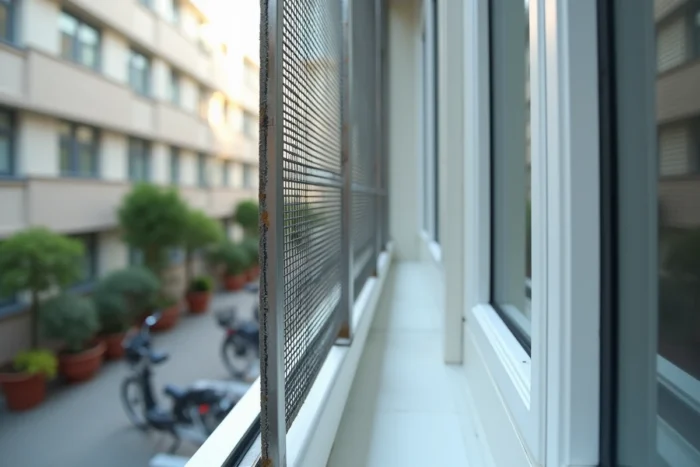 Détail d'un grillage de protection en acier inoxydable fixé sur une fenêtre d'appartement en copropriété