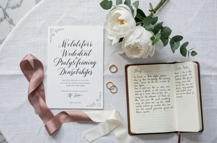 Détails de décoration de mariage en flat-lay avec invitations calligraphiées, bagues, pivoines et carnet de planification
