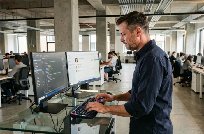 Développeur masculin travaillant sur deux écrans avec une interface de modèle de langage et un éditeur de code dans un open space tech moderne