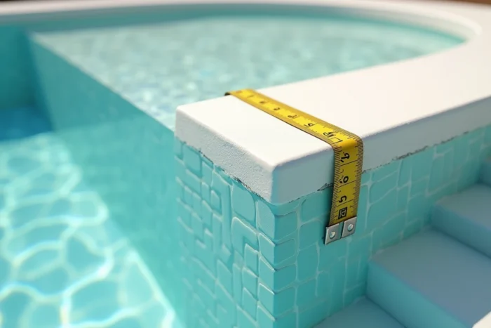 Gros plan sur les dimensions d'une banquette de piscine en béton enduit avec mètres ruban illustrant la largeur et la profondeur d'assise