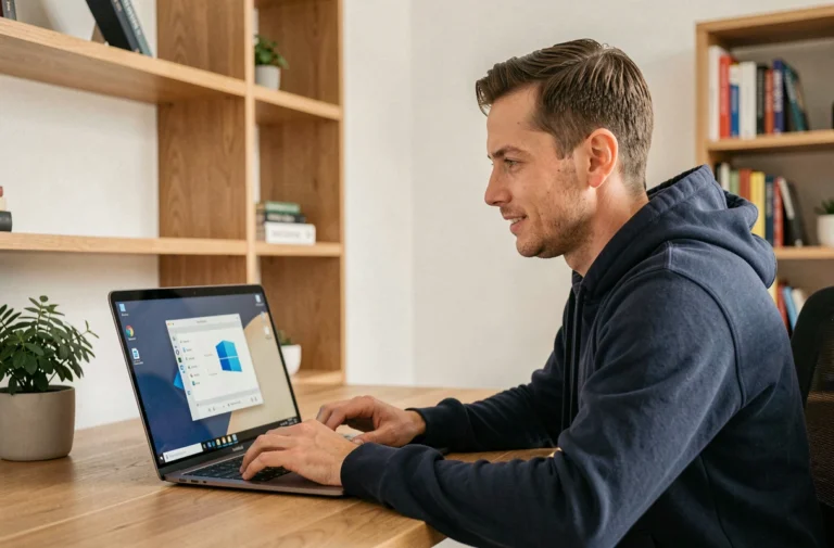 Homme utilisant une distribution Linux avec interface similaire à Windows sur un ordinateur portable dans un bureau à domicile moderne
