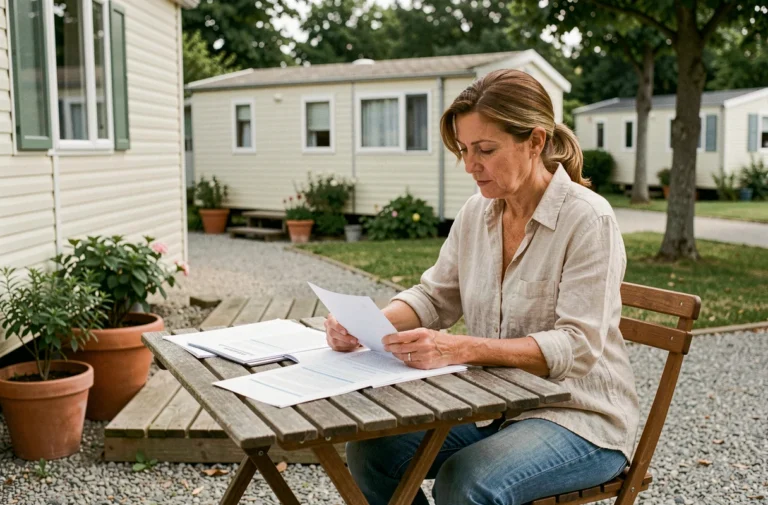 Femme consultant des documents administratifs devant son mobil-home dans un camping résidentiel en France