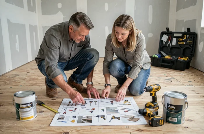 Deux bricoleurs examinant une liste de ressources imprimée au milieu d'un chantier de rénovation intérieure