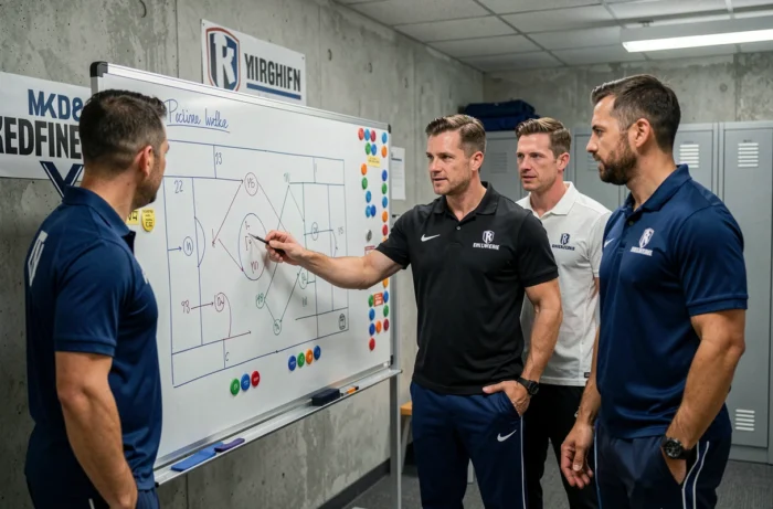 Entraîneurs de football analysant des tactiques sur un tableau blanc dans une salle de réunion d'entraînement moderne