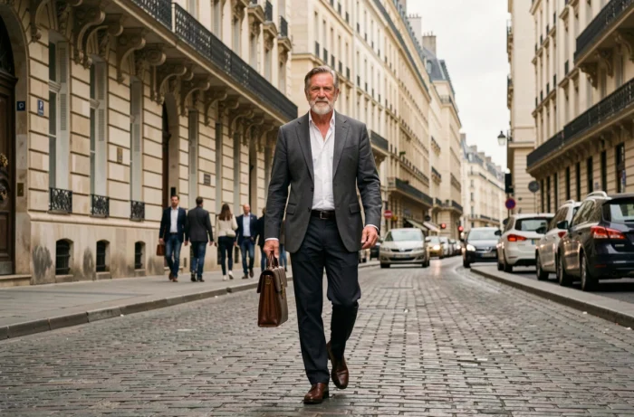 Entrepreneur marchant dans un boulevard haussmannien parisien avec mallette, illustrant le parcours business américain à Paris