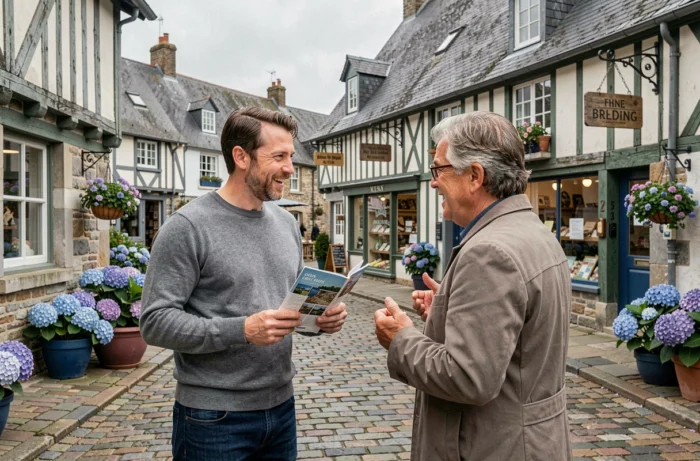 Entrepreneur breton échangeant avec un commerçant local dans une rue pavée typique de Bretagne grâce à un annuaire régional