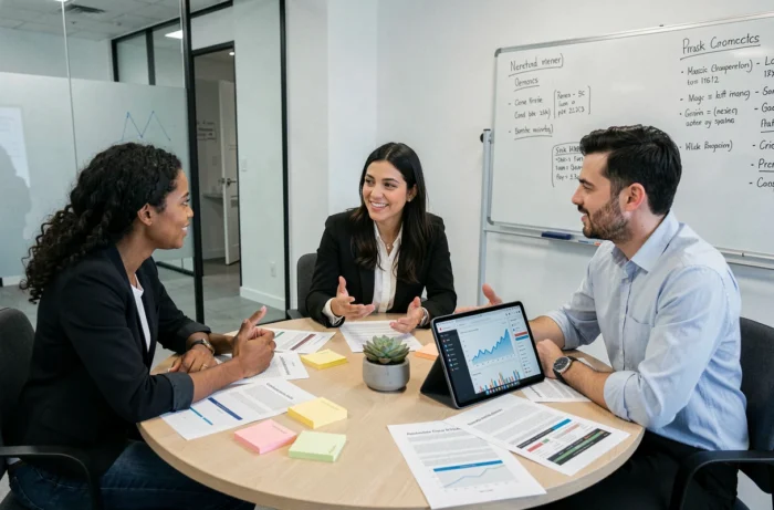 Équipe de professionnels collaborant autour d'outils digitaux et de rapports analytiques pour améliorer leur visibilité en ligne