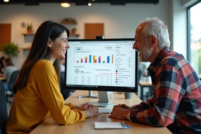 Deux entrepreneurs collaborant sur un tableau de bord SEO local et un profil Google Business dans un espace de coworking pour améliorer la visibilité numérique de leur entreprise en 2024