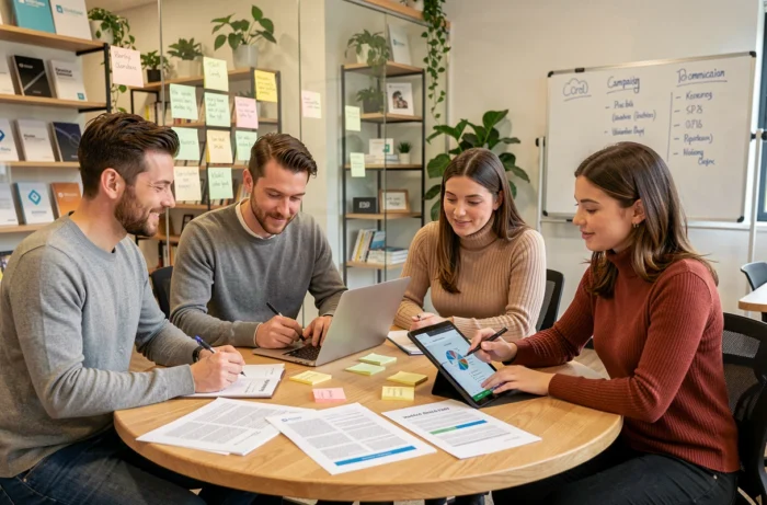 Équipe pluridisciplinaire en réunion de travail autour d'une stratégie de communication marketing dans un espace collaboratif