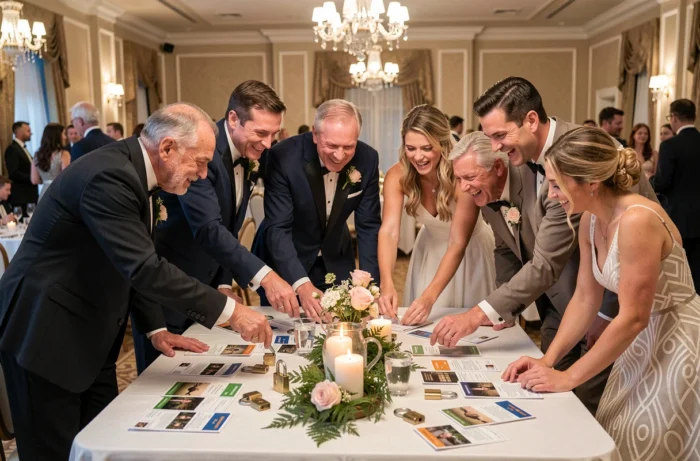 Groupe d'invités en tenue de soirée jouant à un escape game nomade autour d'une table lors d'un repas de mariage
