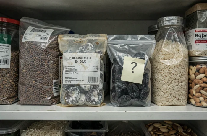 Étagère de garde-manger avec des paquets de pruneaux dont un périmé à côté d'un sachet frais pour comparaison