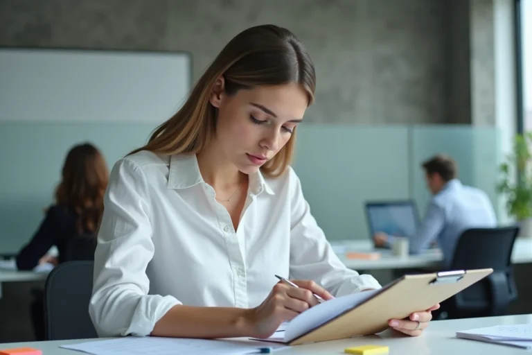 Femme professionnelle évaluant une liste de critères de qualité dans un bureau moderne