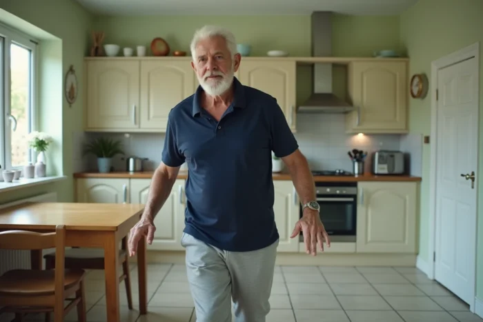 Homme senior réalisant des exercices d'équilibre debout en s'appuyant sur une chaise dans sa cuisine