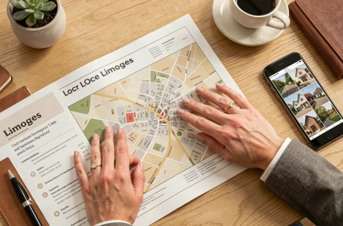 Mains d'un professionnel immobilier pointant une carte de quartier de Limoges sur un bureau avec brochures et documents de vente