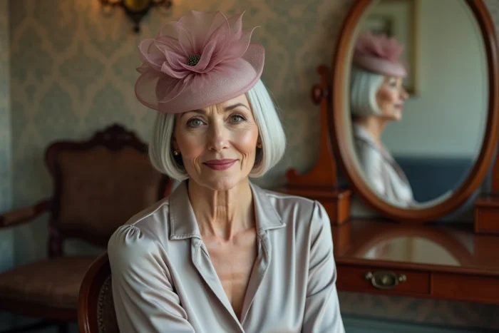 Femme élégante aux cheveux courts argentés portant un chapeau fascinator rose pour un mariage devant un miroir vintage