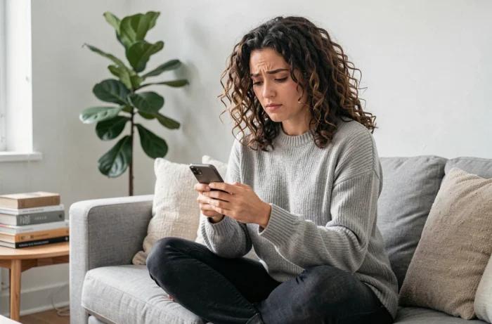 Femme analysant la signification d'un message 'coucou toi' reçu sur son téléphone à la maison