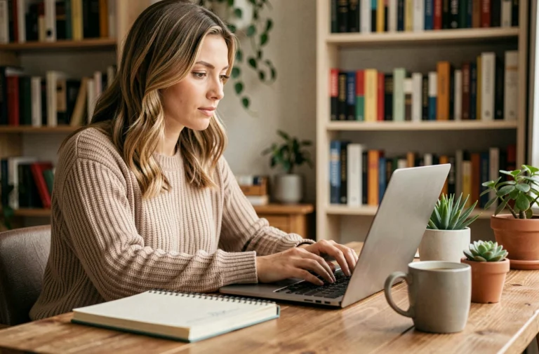 Femme blogueuse travaillant sur son ordinateur portable dans un bureau à domicile chaleureux pour lancer son blog en 2024