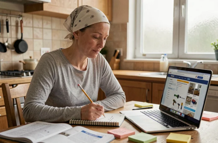 Femme bricoleure prenant des notes à partir de ressources en ligne et de manuels DIY posés sur une table de cuisine