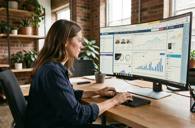 Femme professionnelle consultant des tableaux de bord d'actualité web et tendances numériques sur un grand écran dans un bureau moderne