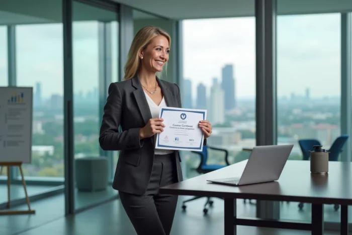 Femme cadre tenant un certificat de formation professionnelle en ligne dans un bureau d'entreprise