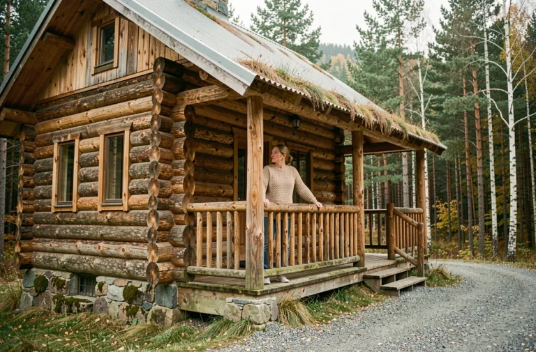 Femme debout sur la terrasse en bois d'un chalet en rondins entouré de forêt, illustrant la vie dans un chalet sur terrain privé